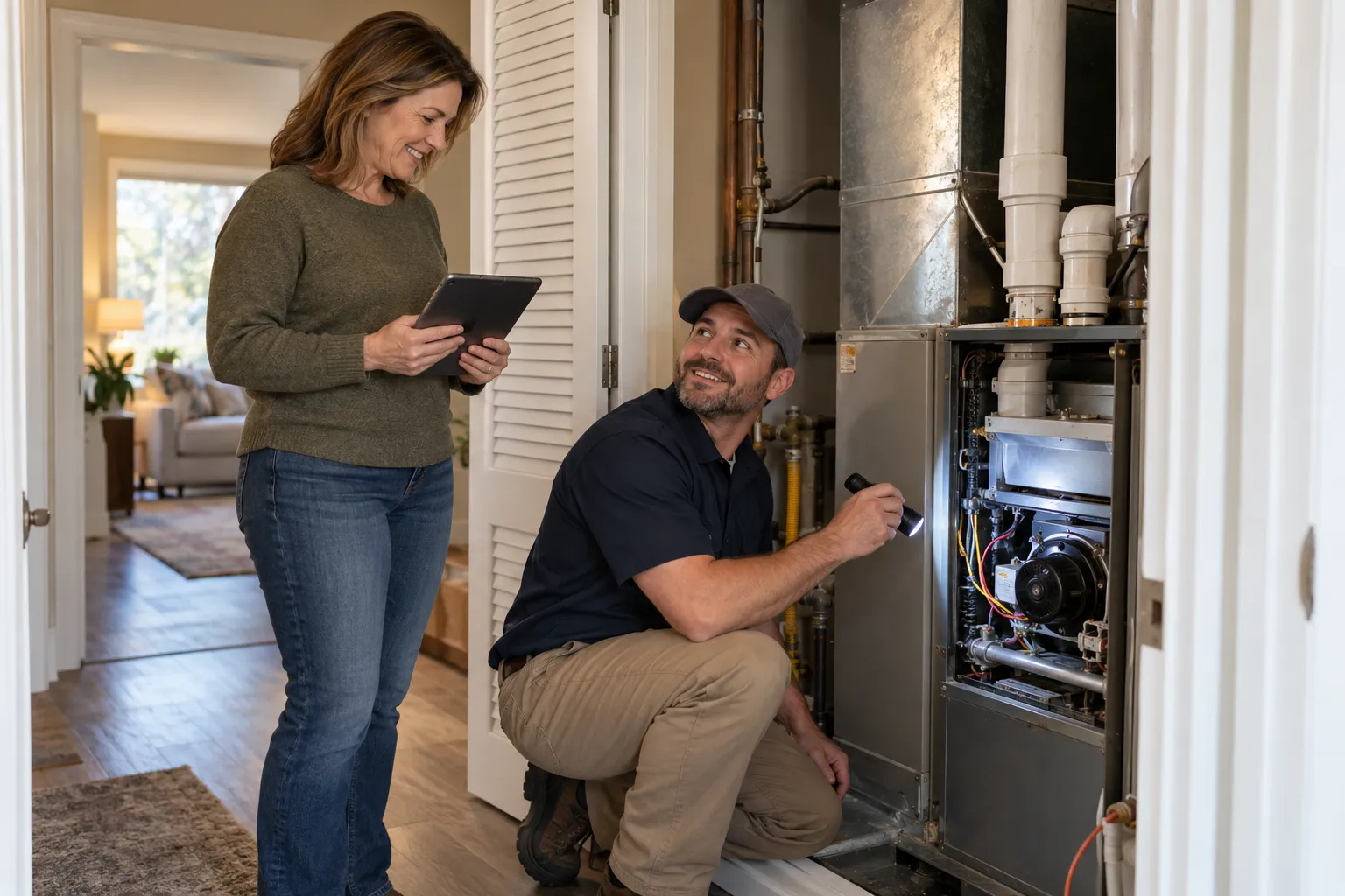 Friendly HVAC provider checking a home furnace with a homeowner in the Frisco area