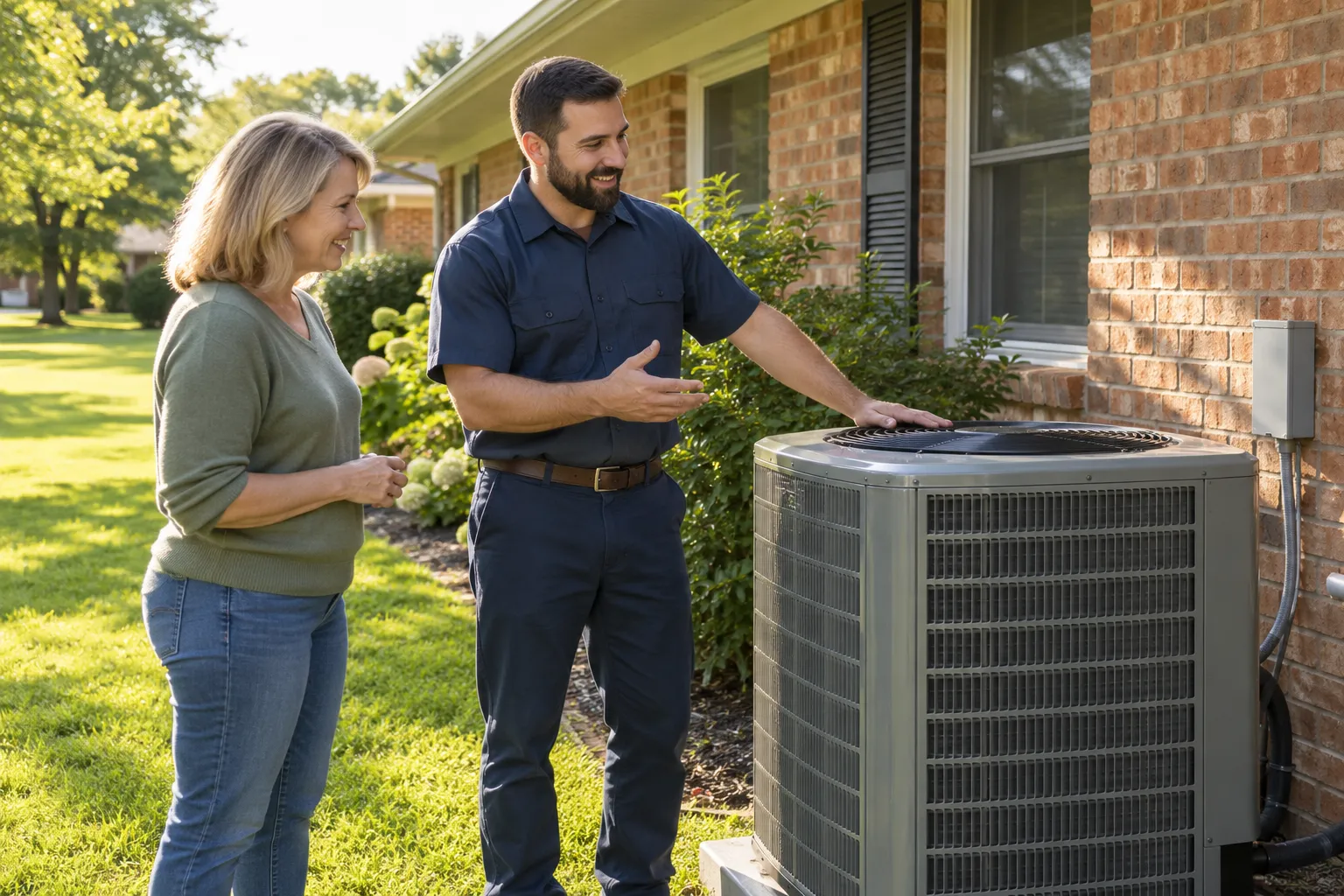 A homeowner talking with an HVAC provider beside an outdoor AC unit in Frisco